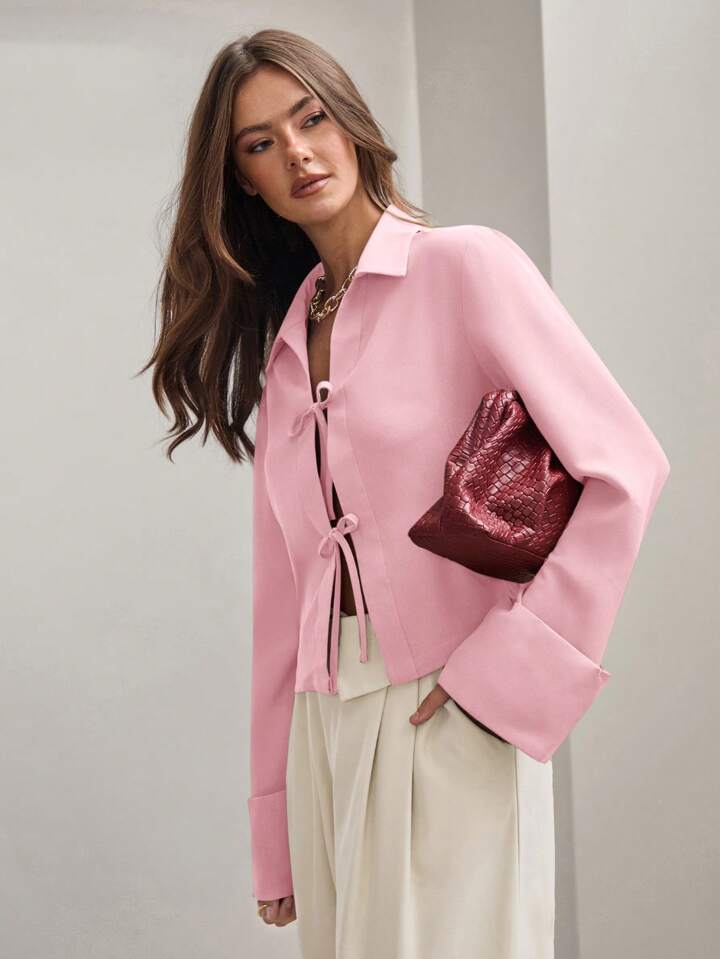 CM-TS885573 Women Trendy Bohemian Style Shirt Collar Front Tie Long Sleeve Shirt - Pink