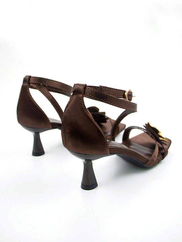 CM-SHS730345 Women Trendy Seoul Style Metal Floral Decor Ankle Strap Square Toe Kitten Heel Sandals - Chocolate Brown