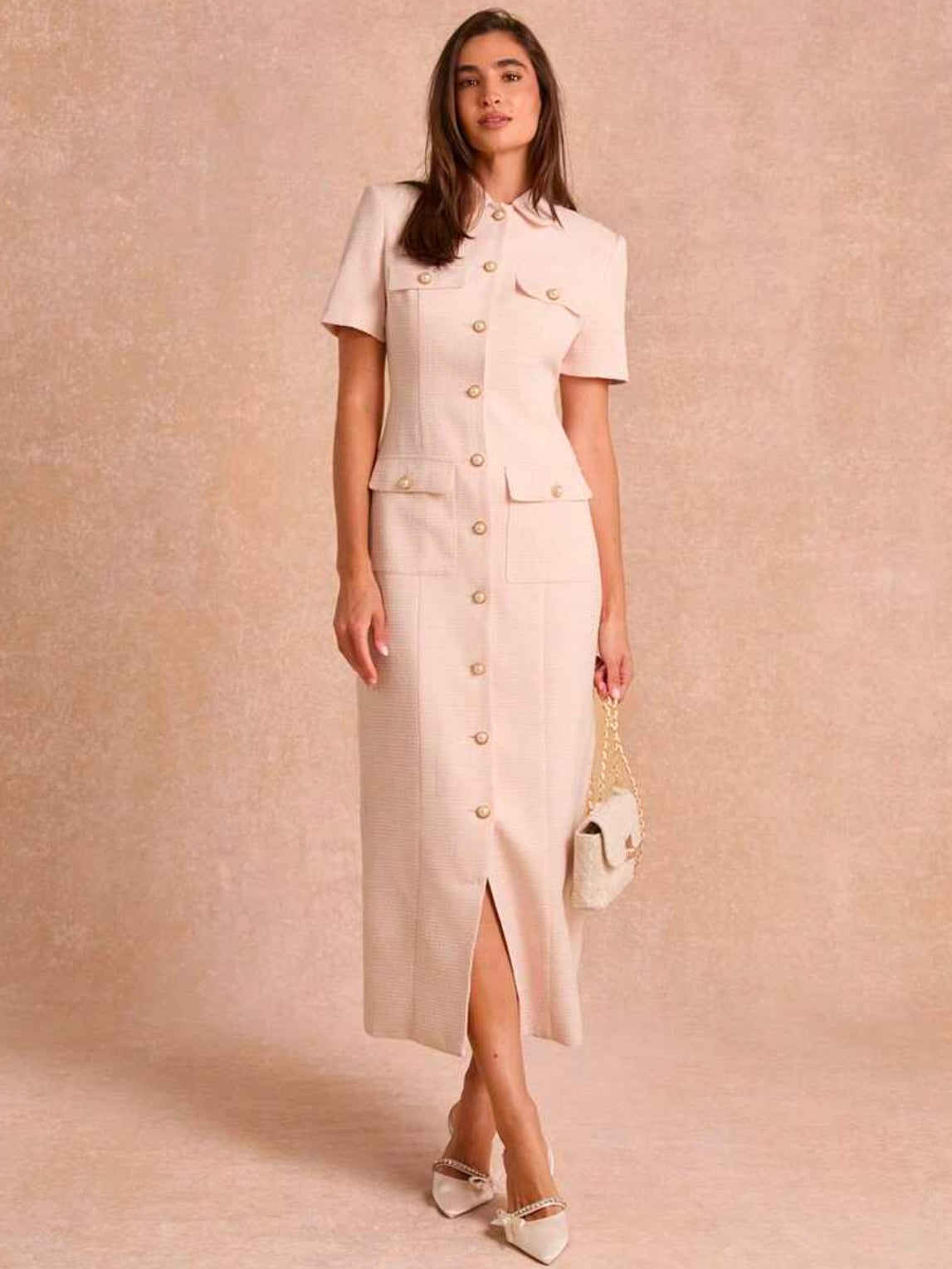 CM-DS834794 Women Elegant Seoul Style Collar Neckline Short Sleeve Tweed Fitted Long Dress - Pink