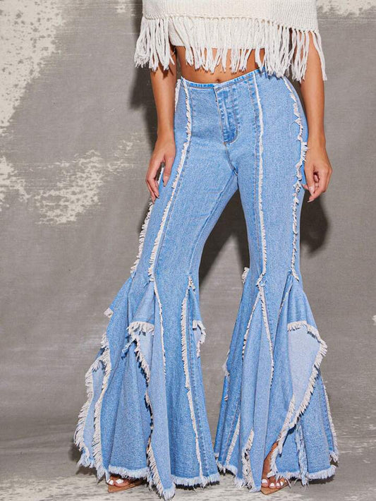 CM-BS396099 Women Casual Seoul Style Light Wash Seamed Raw Edge Fringe Flare Hem Stretch Denim Jeans