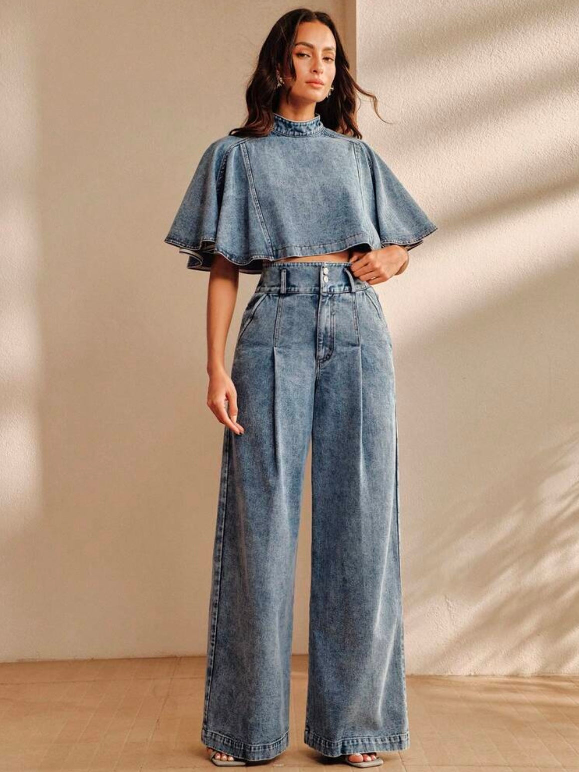 CM-SS412905 Women Elegant Seoul Style Stand Collar Cloak Sleeve Cape Top With High Waist Wide Leg Long Pants - Set