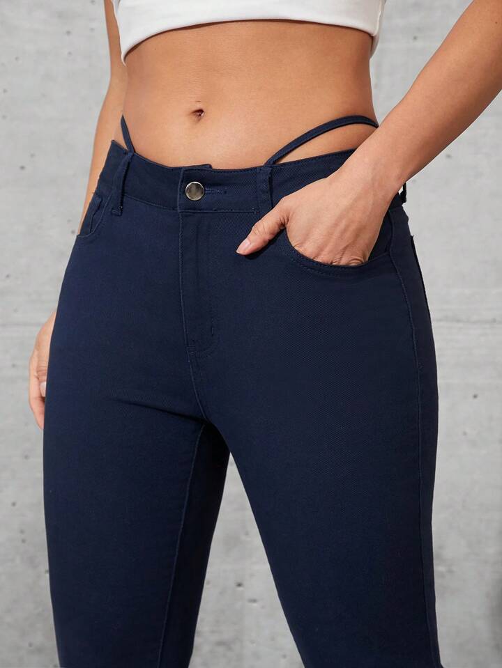 CM-BS727777 Women Casual Seoul Style Pinstripe Low Rise Boot Cut Flare Leg Jeans - Royal Blue