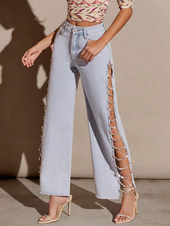 CM-BS512415 Women Casual Seoul Style Rhinestone Embellished Pockets Hollow Out Loose Fit Jeans