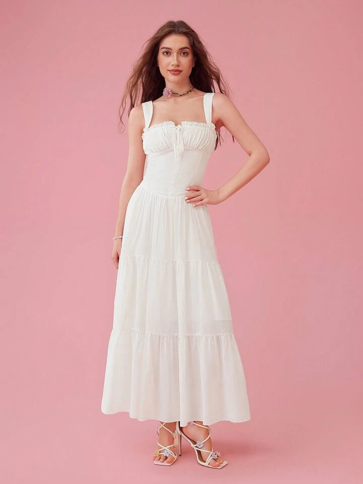CM-DS284365 Women Elegant Seoul Style Square Collar Sleeveless Pleated Long Dress - White