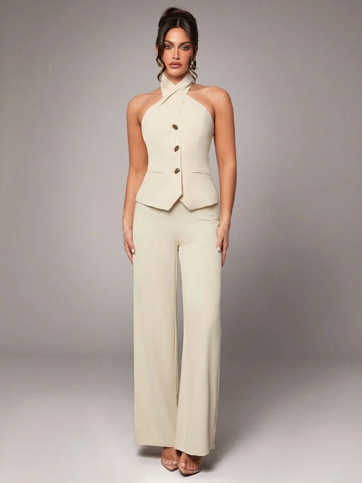 CM-SS288971 Women Elegant Seoul Style Sleeveless Metal Buckle Slim Halter Top With Pants Suit - Apricot