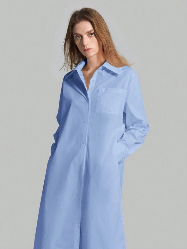 CM-TS815753 Women Casual Seoul Style Shirt Collar Long Sleeve Front Button High Slit Long Shirt - Blue