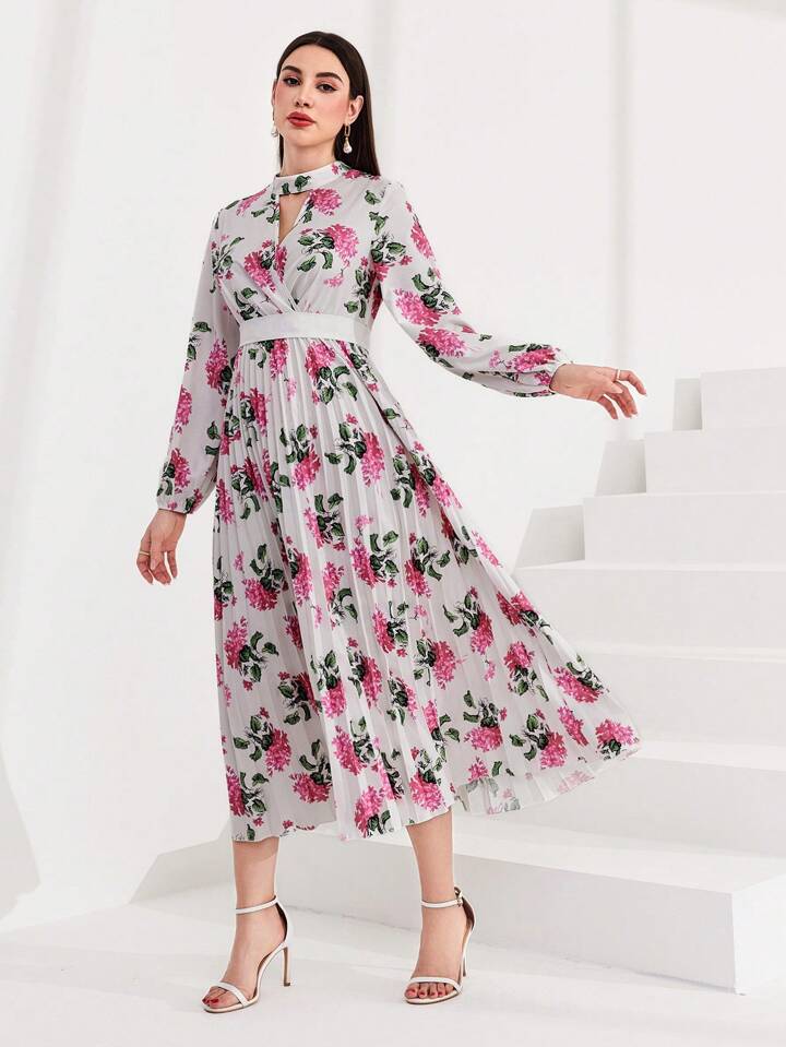 CM-DS657438 Women Elegant Seoul Style Floral Print Hollow Out Neckline A-Line Dress