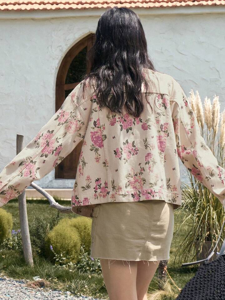 CM-CS898813 Women Casual Seoul Style Floral Print Drop Shoulder Flap Pocket Denim Jacket - Apricot