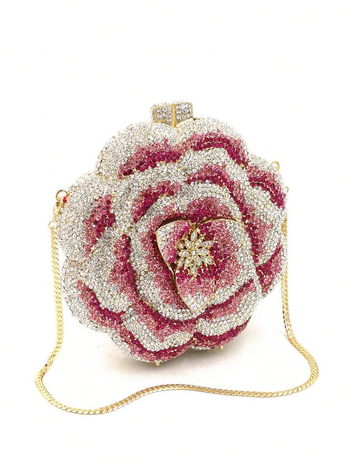 CM-BGS009642 Women Elegant Seoul Style Floral Design Rhinestone Crystal Handmade Clutch Bag - Pink