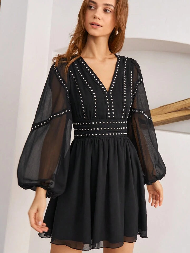 CM-DS127197 Women Elegant Seoul Style V-Neck Mesh Splicing Beaded Long Sleeve Dress - Black