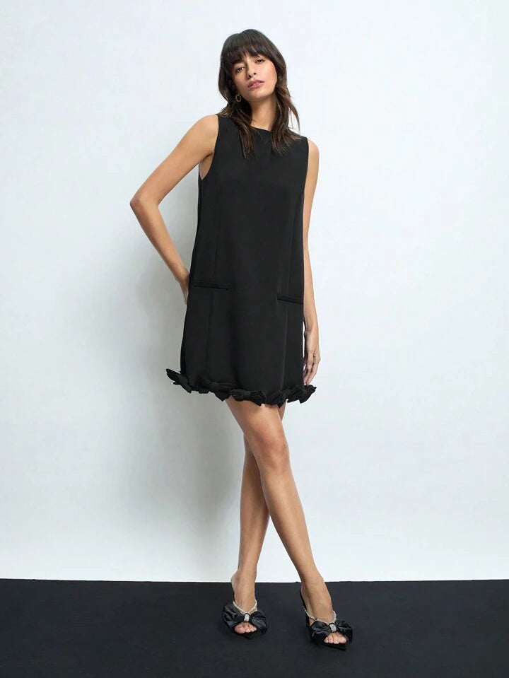CM-DS332289 Women Elegant Seoul Style Round Neck Bow Decor Sleeveless Mini Dress - Black
