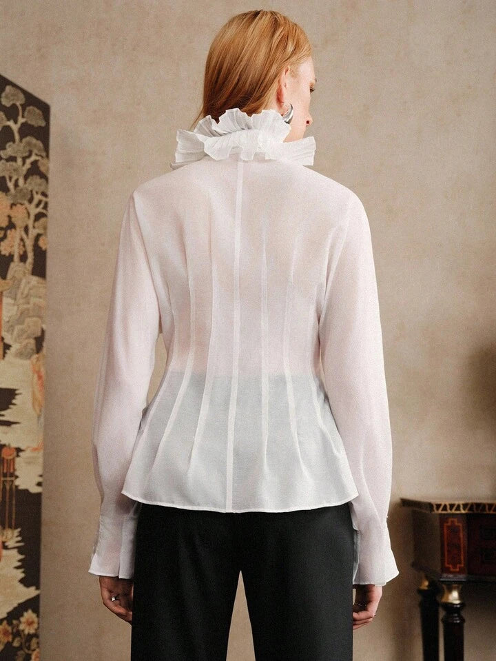 CM-TS335916 Women Elegant Seoul Style Chiffon Fabric V-Neck Long Sleeve Waist Pleated Double Ruffle Collar Design Shirt