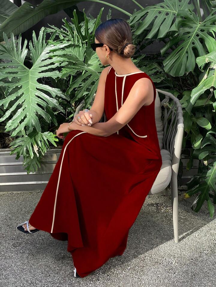 CM-DS320827 Women Casual Seoul Style Color-Conflicting Panels Sleeveless Loose Long Dress - Burgundy