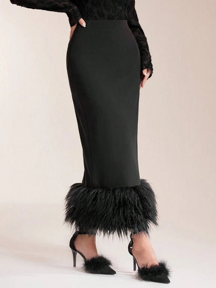 CM-BS738020 Women Elegant Seoul Style High Waist Fuzzy Hem Skirt - Black