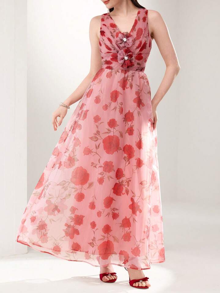 CM-DS549425 Women Elegant Seoul Style V-Neck Sleeveless Floral Print Semi-Sheer Mesh Long Dress