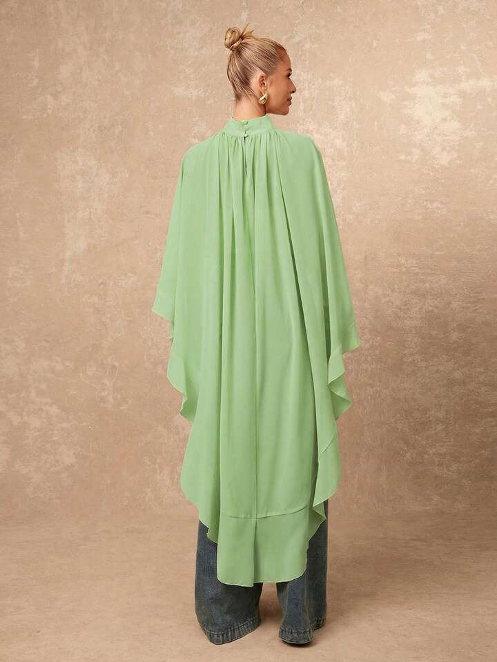 CM-TS255288 Women Casual Seoul Style Asymmetric Ruffle Hem Loose Collar Shawl Blouse - Green