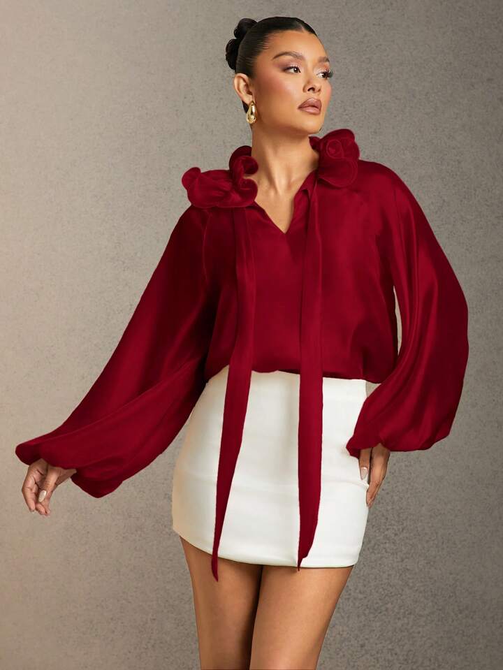 CM-TS761367 Women Elegant Seoul Style Solid Color Ruffle Trim Tie Neck Lantern Sleeve Blouse - Burgundy