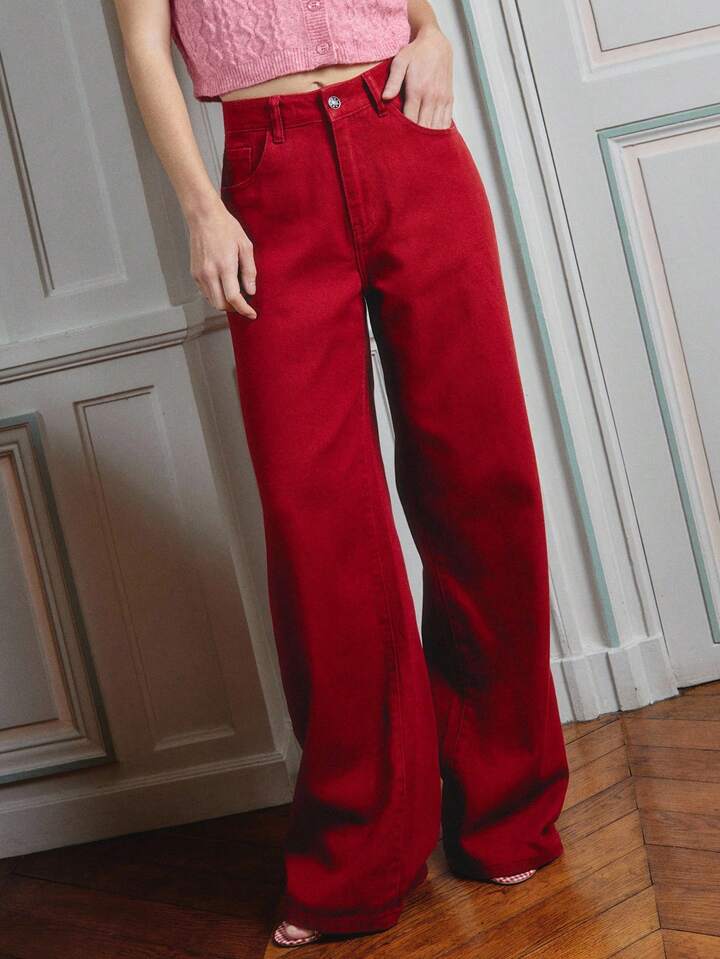 CM-BS311176 Women Casual Seoul Style Mid-Rise Fit Straight Leg Denim Trousers - Red