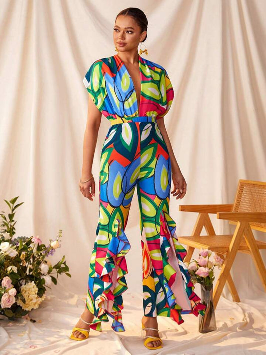 CM-JS162942 Women Trendy Bohemian Style Plunging Neck Crisscross Tie Backless Front Split Jumpsuit