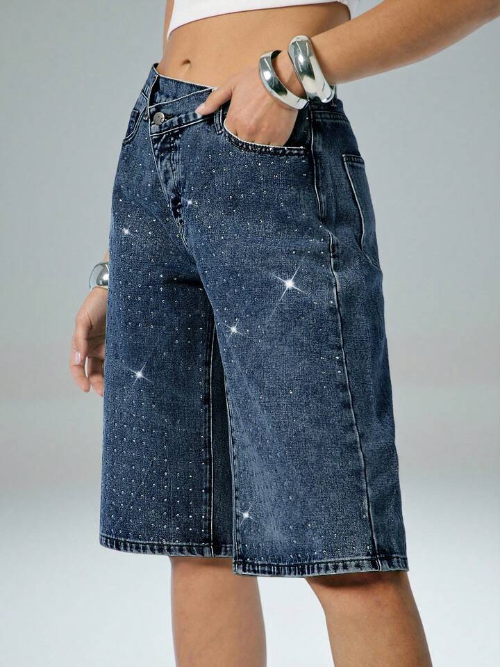 CM-BS488605 Women Casual Seoul Style Dark Wash Rhinestone Embellished Overlapping Denim Capri Shorts
