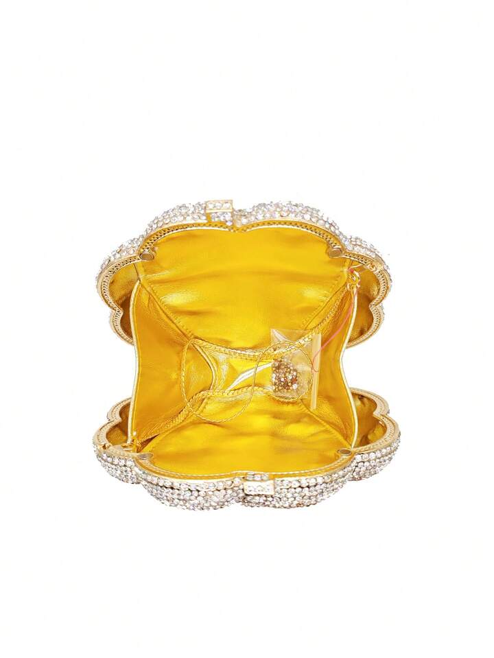 CM-BGS056004 Women Elegant Seoul Style Floral Design Rhinestone Crystal Handmade Clutch Bag - Gold