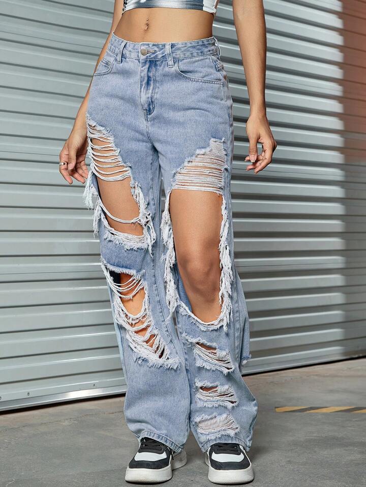 CM-BS382846 Women Casual Seoul Style Light Wash Slant Pocket Distressed Ripped Cut Out Straight Leg Pants