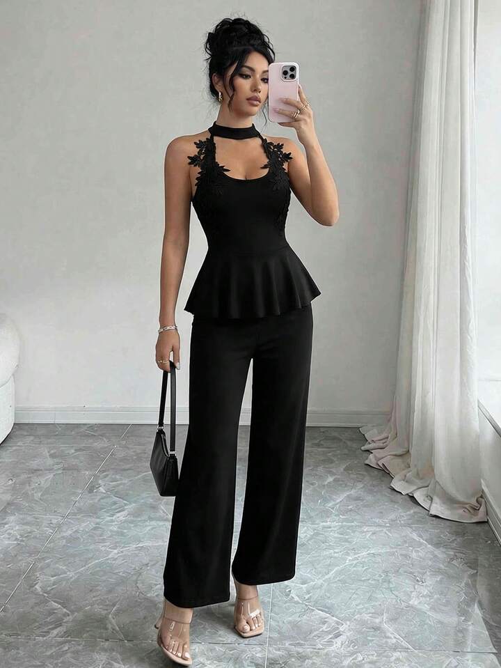CM-JS958594 Women Elegant Seoul Style Halter Cutout Shoulder Applique Slim Fit Jumpsuit - Black