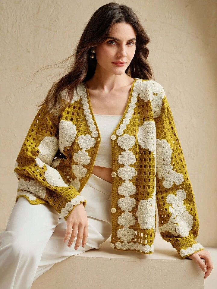 CM-CS148566 Women Elegant Seoul Style Floral Pattern Long Sleeve Single-Breasted Hollow Out Knitted Cardigan