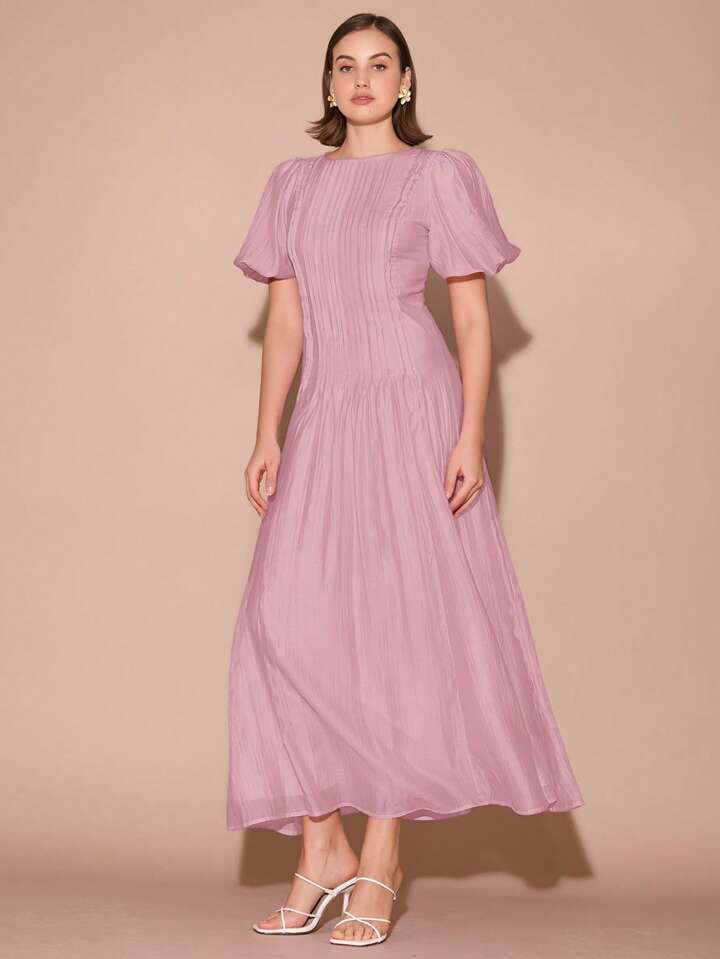 CM-DS126771 Women Elegant Seoul Style Round Neck Bubble Pleat Puff Long Sleeve Maxi Dress - Dusty Pink