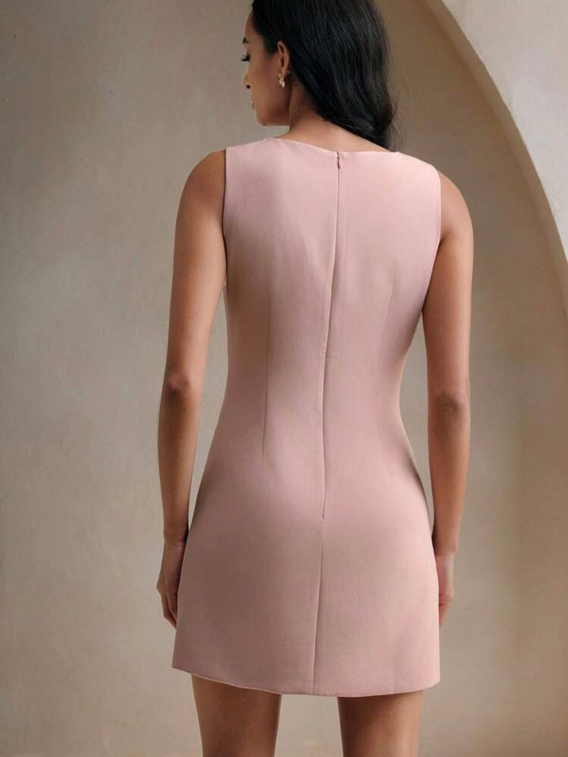 CM-DS241441 Women Elegant Seoul Style Round Neck Sleeveless Beaded Waist-Cinched Short Dress - Baby Pink