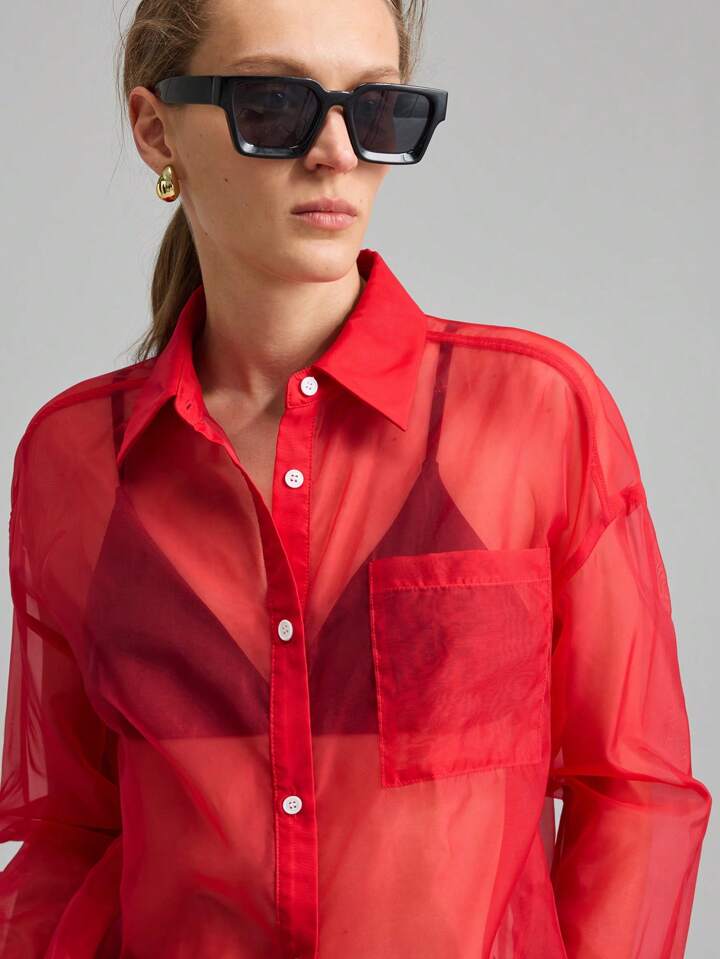 CM-TS755066 Women Elegant Seoul Style Shirt Collar Sheer Long Sleeve Oversized Blouse - Red