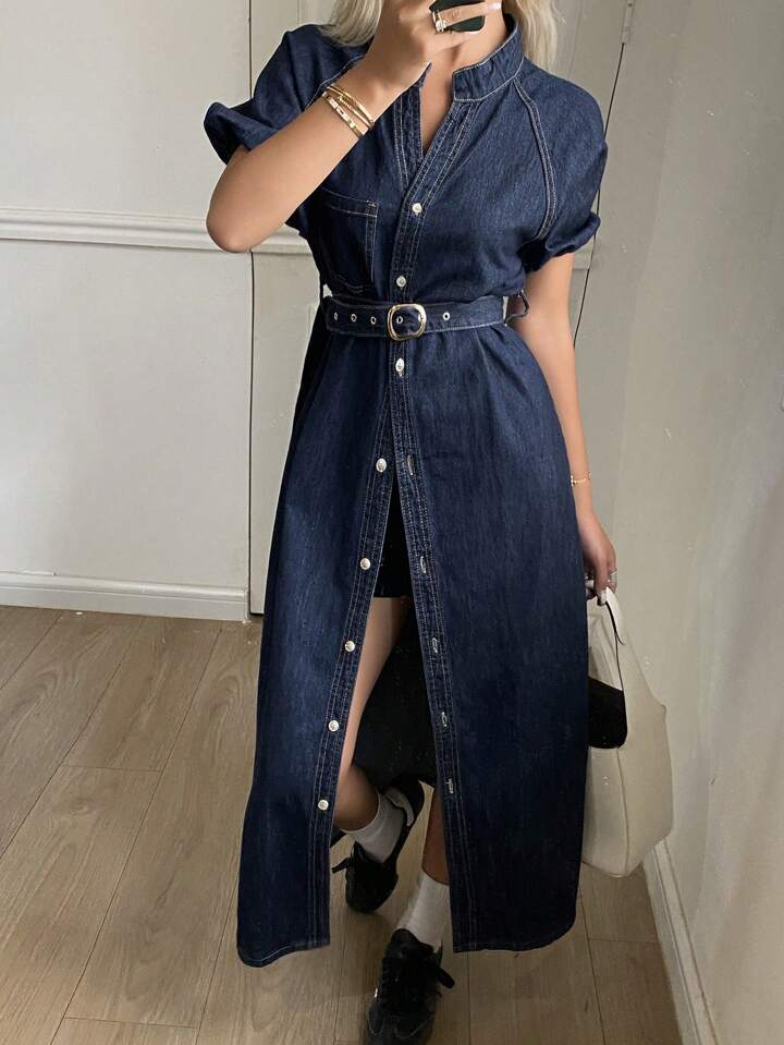 CM-DS617470 Women Casual Seoul Style V-Neck Waist Cinched Short Sleeve Mid-Length Denim Dress - Blue