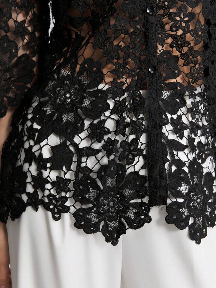 CM-TS336051 Women Casual Seoul Style Stand Collar Short Sleeve Lace Hollow Out Shirt - Black