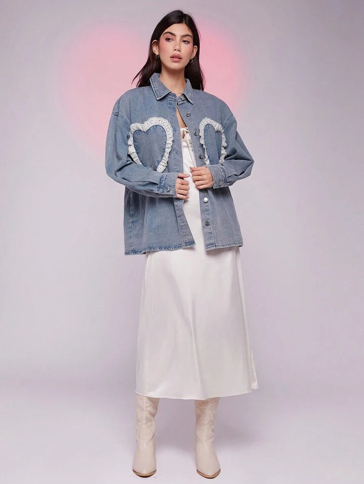 CM-CS487800 Women Casual Seoul Style Medium Wash Collar Neckline Long Sleeve Eyelet Trim Heart Pocket Denim Shirt Jacket
