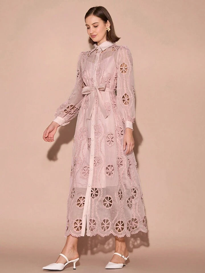 CM-DS831119 Women Elegant Seoul Style Collar Neckline Hollow-Out Embroidered Long Sleeve Maxi Dress - Pink