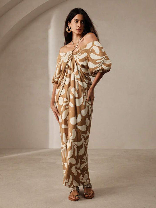 CM-DS627471 Women Trendy Bohemian Style Printed Pleated Backless Maxi Dress - Coffee