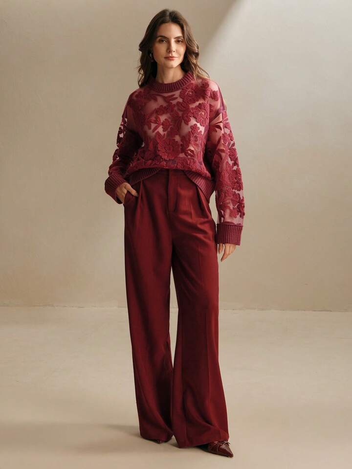 CM-CS301194 Women Casual Seoul Style Floral Pattern Round Neck Long Sleeve Knit Sweater - Burgundy