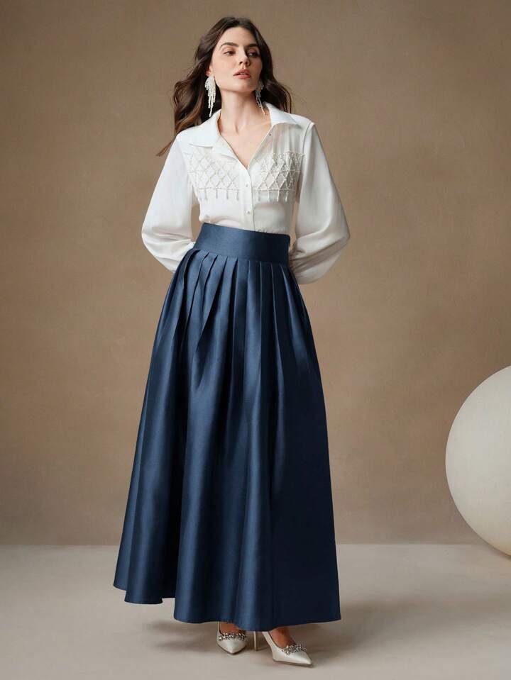 CM-BS166867 Women Elegant Seoul Style High Waisted Puff Pleated Long Skirt - Navy Blue