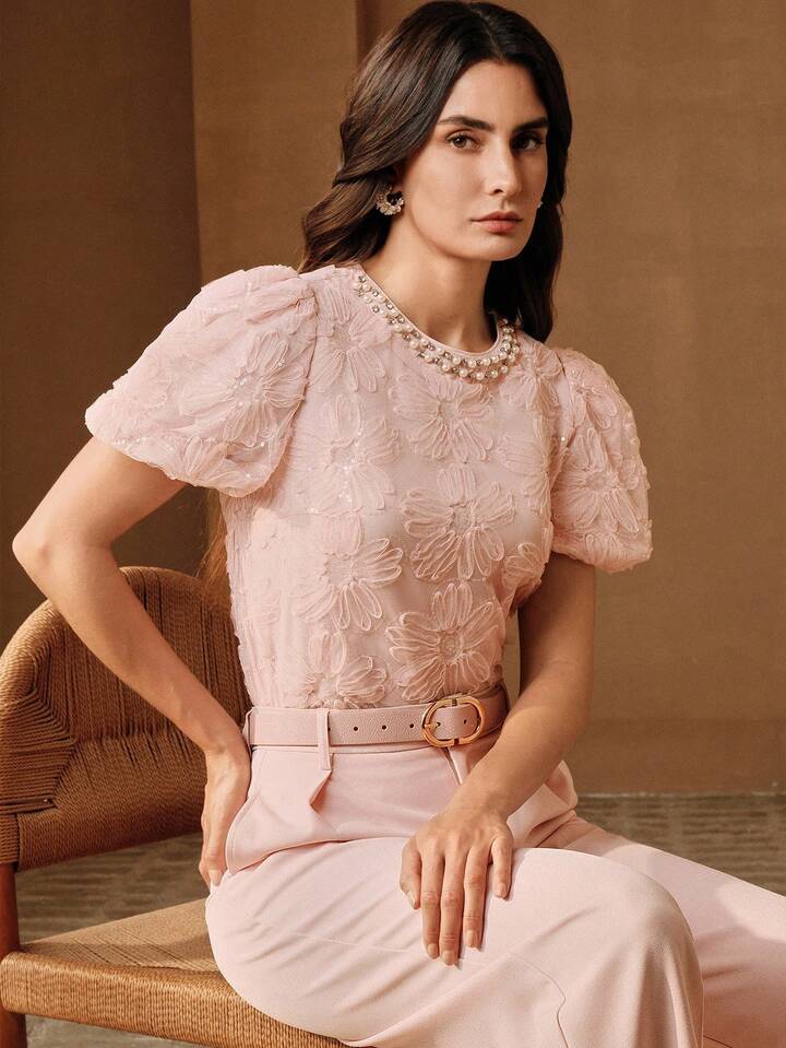 CM-TS228826 Women Elegant Seoul Style Pearl Embroidered Floral Mesh Round Neck Petal Sleeve Blouse - Pink