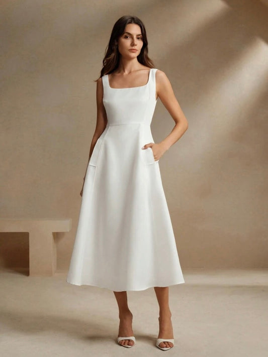 CM-DS341609 Women Elegant Seoul Style Square Neck Strap A-Line Cinched Waist Flattering Dress - White