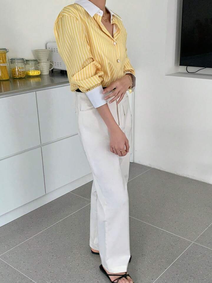 CM-TS674034 Women Casual Seoul Style Striped Button-Up Shirt Collar Long Sleeve Blouse - Yellow