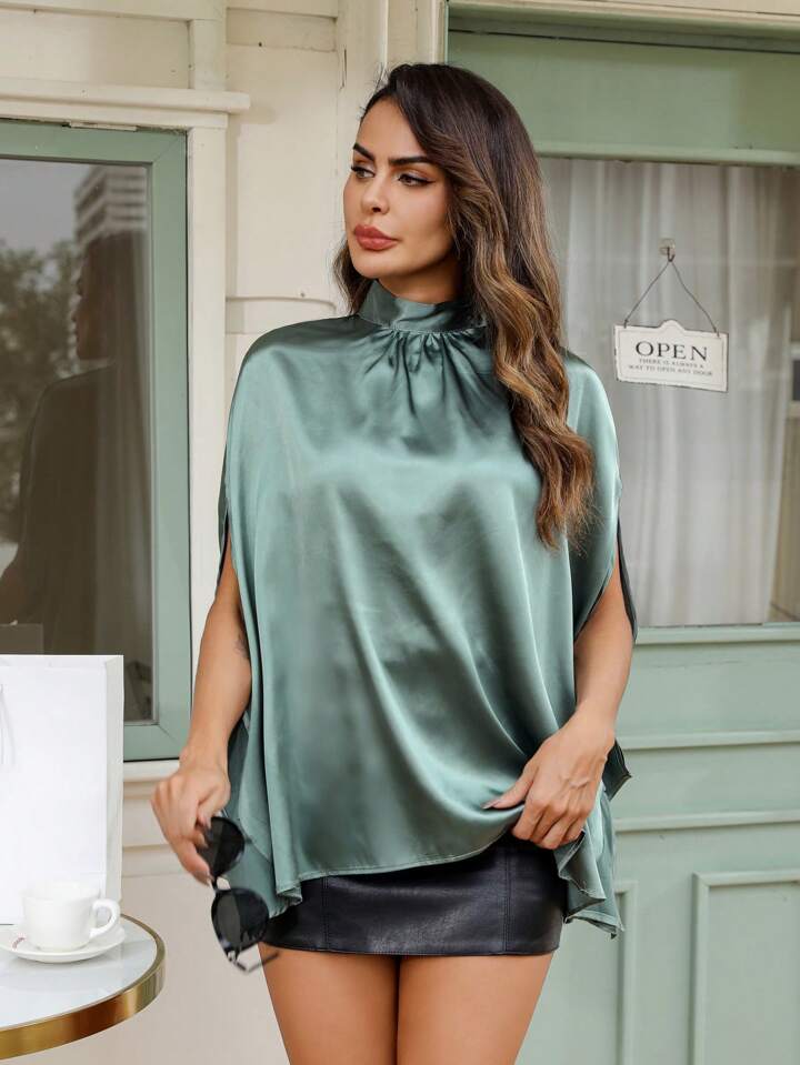 CM-TS051898 Women Casual Seoul Style Stand Collar Cape Sleeve Blouse - Dark Green