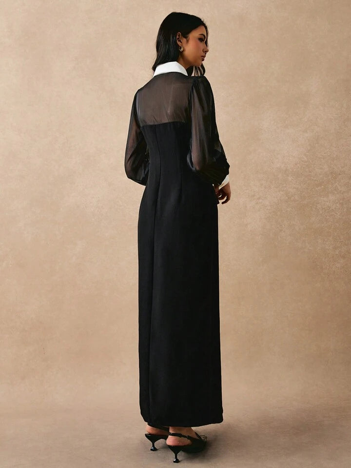 CM-DS490569 Women Elegant Seoul Style Color Block Button Front Long Sleeve Maxi Dress - Black