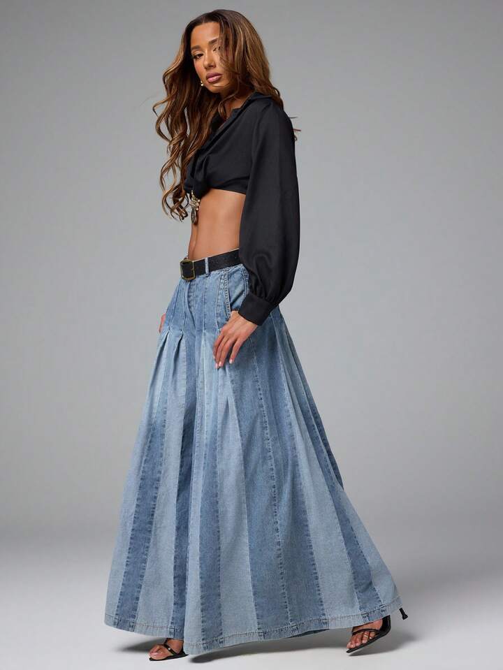 CM-BS851606 Women Casual Seoul Style Medium Wash Two Tone Color Block Wide Leg Flowy Baggy Jeans