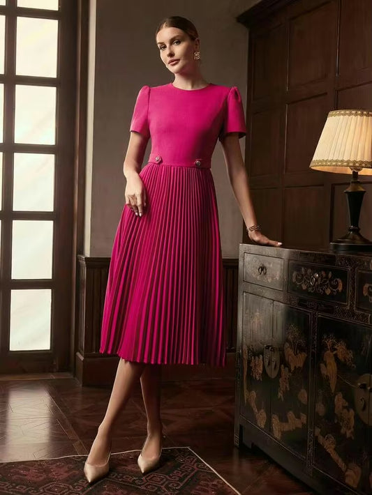 CM-DS609773 Women Elegant Seoul Style Round Neck Puff Sleeve Pleated Hem A-Line Mid-Length Dress - Hot Pink