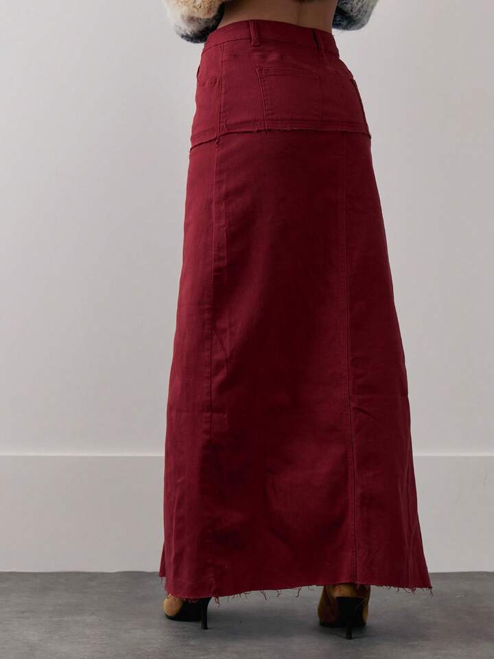 CM-BS633279 Women Casual Seoul Style High Rise Seam Overlay Detail Distressed Split Maxi Skirt