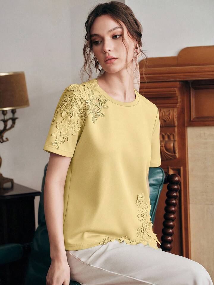 CM-TS332464 Women Elegant Seoul Style Round Neck Short Sleeve Lace Patchwork 3D Embroidered Floral Knit T-Shirt - Yellow