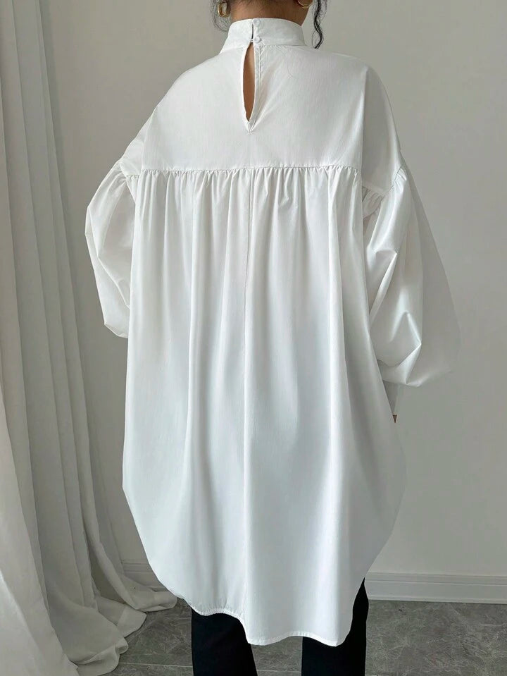 CM-TS110618 Women Casual Seoul Style Solid Color Stand Collar Long Sleeve Loose Pleated Shirt - White
