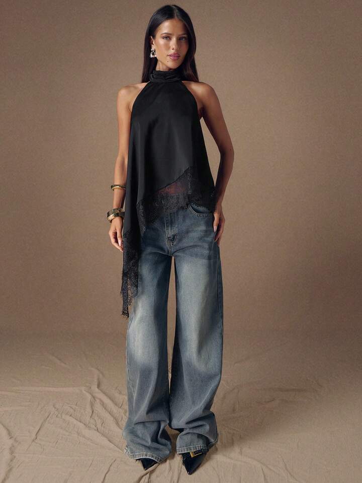 CM-TS478243 Women Elegant Seoul Style Lace Satin Patchwork Sleeveless Trim Backless Camisole Top - Black