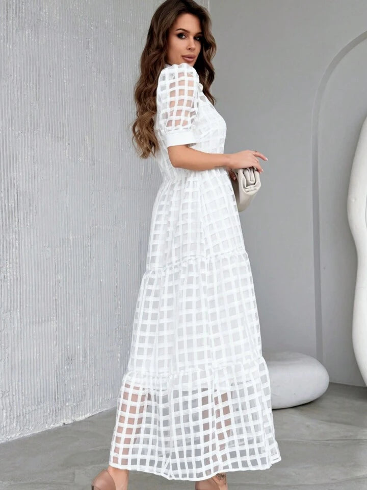 CM-DS527238 Women Elegant Seoul Style Buttoned V-Neck Short Sleeve Ruffle Hem Dress - White